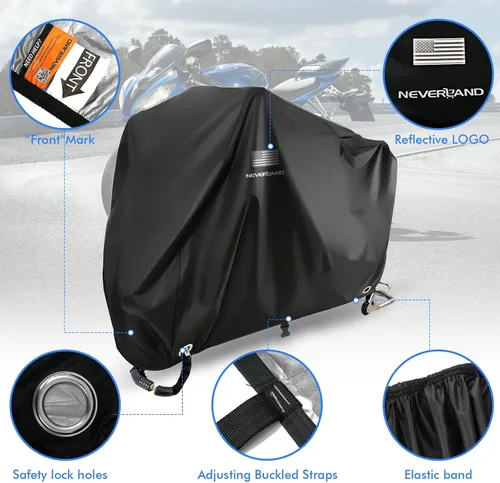 Vista 4 de NEVERLAND Funda impermeable para motocicleta al aire libre – Funda negra resistente para scooter, cubierta de motocicleta con logotipo reflectante