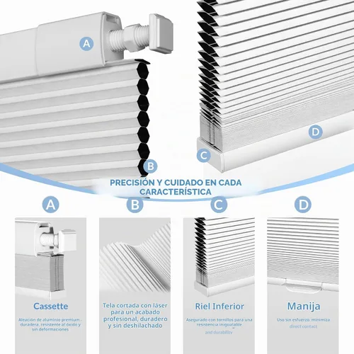 Vista 6 de Boolegon Persianas Sin Taladro para Ventanas Persianas Celulares Opacas Sin Cables Sin Herramientas Persianas de Panal Bajar Fácil Instalación