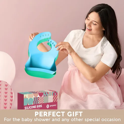Vista 6 de Sperric Baberos de silicona para bebé, babero de silicona suave con atrapasador de alimentos y material impermeable, ajuste ajustable para bebés
