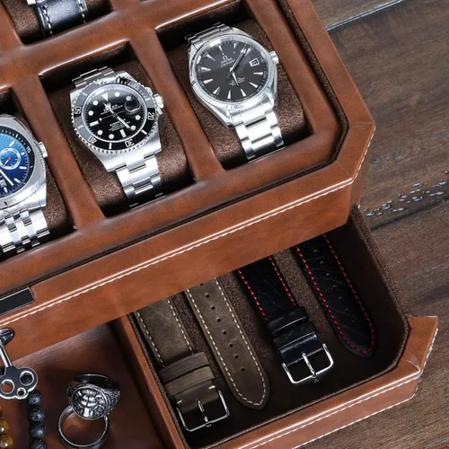 Vista 5 de Juego de regalo Caja de reloj de cuero con 12 ranuras con cajón de valet y funda de viaje para 5 relojes a juego, organizador de exhibición