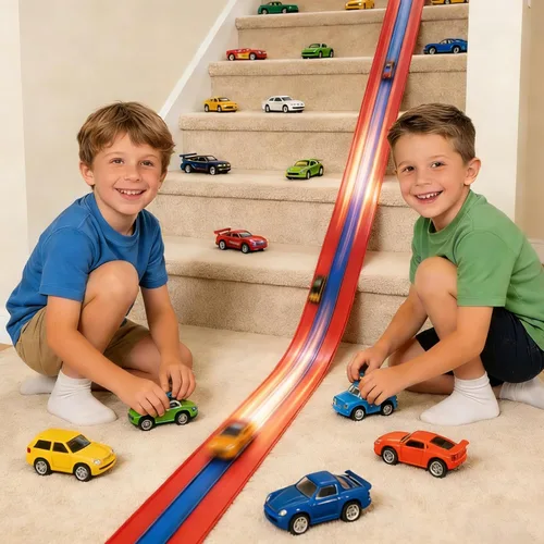 Vista 9 de Pista de carreras de 16.4 pies, pista de carreras flexible de 3 carriles para niños, compatible con autos a escala 1/64 fundidos a presión con 6
