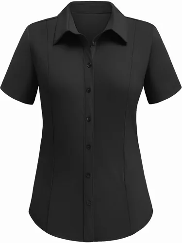 Vista 3 de HOTOUCH Camisas con botones para mujer, manga corta, elástica, sin arrugas, blusas formales de trabajo, blusas de verano, tallas S-2XL