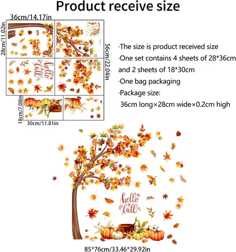Vista 6 de Calcomanías de pared de árbol de otoño de 33.46 x 29.92 pulgadas, calcomanías de pared de árbol de acuarela con hojas de arce, decoración de pared