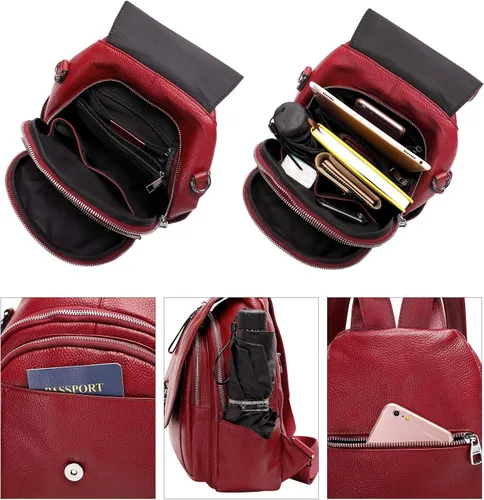 Vista 6 de ALTOSY Mochila de cuero genuino para mujer, bolso de hombro convertible con solapa de hebilla