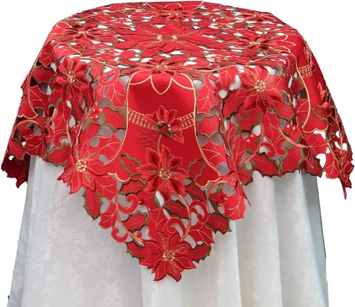 Vista 4 de Creative Linens - Mantel navideño de 33 pulgadas, redondo rojo, campana de Pascua bordada, mantel
