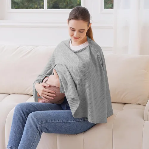 Vista 4 de Funda de lactancia de punto para lactancia materna, transpirable y suave, cuello ancho con elástico para una fácil visión (gris)