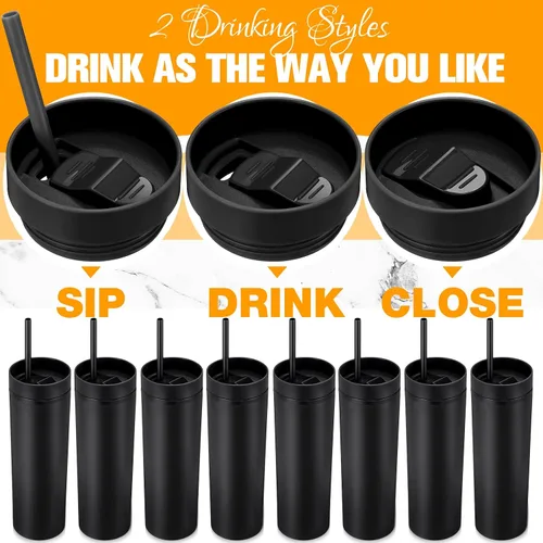 Vista 3 de Potchen 2 vasos delgados con tapa y pajilla, vaso de acrílico mate de 16 onzas, aislado de doble pared de plástico, vasos reutilizables de vinilo