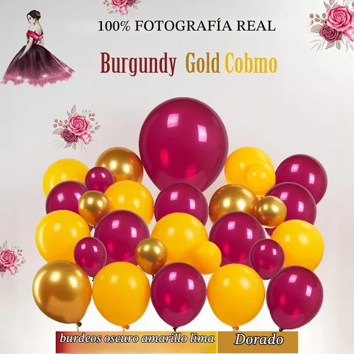 Vista 3 de Kit de arco de guirnalda de globos color granate y dorado, 132 piezas con globos dorados burdeos amarillo limón para graduaciones de cumpleaños