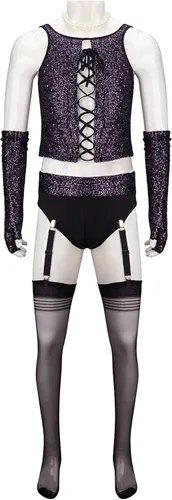 Vista 2 de Nonnyer Disfraz de terror Rocky para hombre, disfraz de Dr. Frank de los años 70, corsé magenta, juego de medias de película para Halloween, cosplay