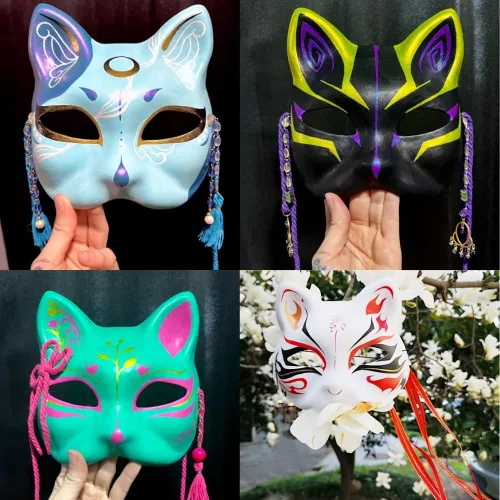 Vista 2 de 5 máscaras de gato de papel blanco pintadas a mano, máscaras de Halloween, disfraz de mascarada, accesorios de cosplay