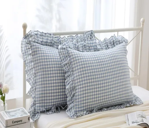 Vista 35 de Fundas de almohada cuadradas a cuadros en blanco y negro con volantes, fundas de almohada a cuadros, fundas de almohada de gingham, fundas