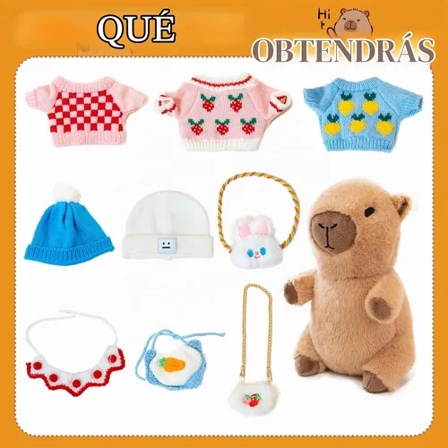 Vista 4 de Capybara - Lindo peluche de peluche para niños y niñas, juego de 10 piezas, 9 prendas y accesorios, juguete de peluche Kawaii, peluche suave