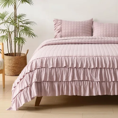 Vista 23 de HORIMOTE HOME Edredón beige con volantes, tamaño individual, microfibra lavada a la piedra, ligera, arrugada, rústica, desgastada, elegante, 2