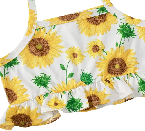 Vista 2 de Conjunto de traje de verano de 2 piezas con estampado de girasol, parte superior corta con volantes y pantalones cortos de cintura elástica