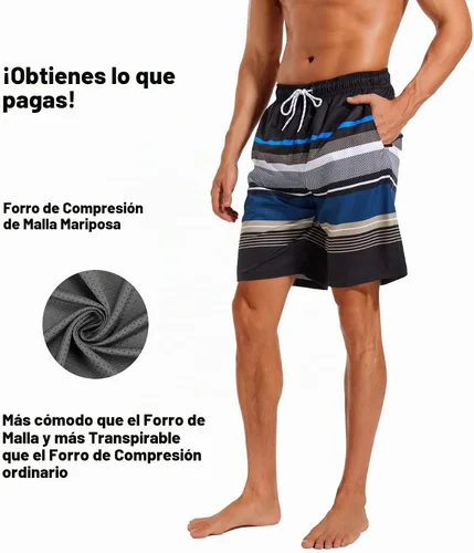 Vista 4 de Difficort - Traje de baño para hombre con forro de compresión, pantalones cortos de secado rápido con bolsillos con cremallera 1-a/ Rayas negras