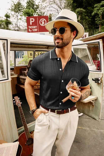 Vista 2 de GRACE KARIN Polo de punto transpirable para hombre, camisas con botones de bolos ahuecados
