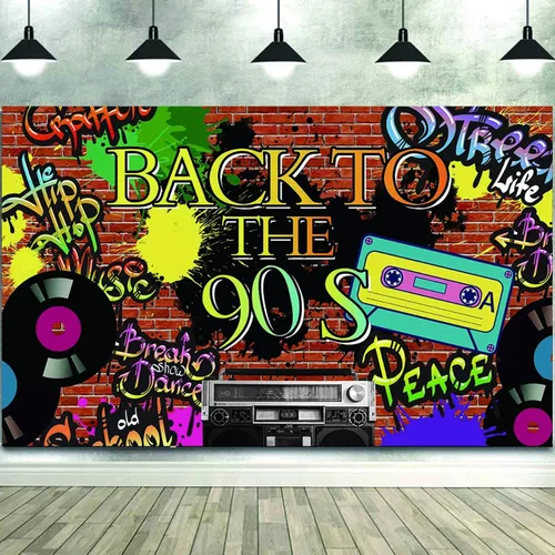 Vista 2 de Fondo de fotografía de fiesta temática de los años 90 Hip Hop 90th Graffiti pared de ladrillo Fondo de fotos de vinilo de 5x3 pies Retro Radio Prom