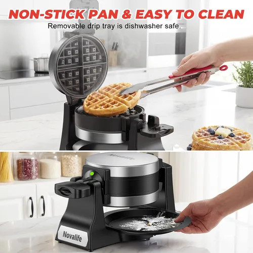 Vista 6 de Waffle Maker, 1400W Belgian Waffle Maker, Double Waffle Iron 180° Flip, 8 Slices, Rotating & Nonstick Plates, Removable Drip Tray Easy to Clean