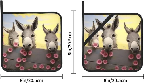 Vista 2 de Juego de 2 soportes para ollas con estampado de burro y flores, resistentes al calor, antideslizantes, impermeables, con lazo para microondas