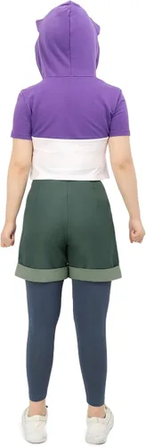 Vista 8 de DAZCOS Disfraz de cosplay con capucha blanca y morado para mujer, talla de EE. UU., con medias para Halloween