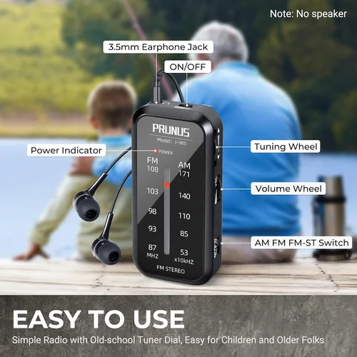 Vista 3 de PRUNUS J-985 Mini radio estéreo AM/FM, portátil, funciona con pilas con auriculares, clip y llave de bloqueo; J-328 Mini radio portátil FM Walkman