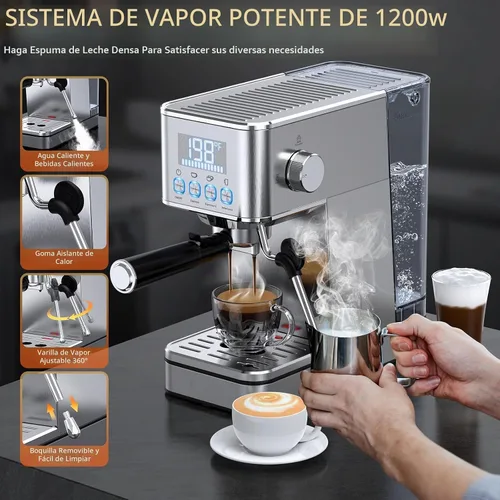 Vista 5 de LERTIN - Cafetera de expreso de 20 bares, compacta, de acero inoxidable, con varita espumadora de vapor, tanque de agua extraíble de 57.5 oz