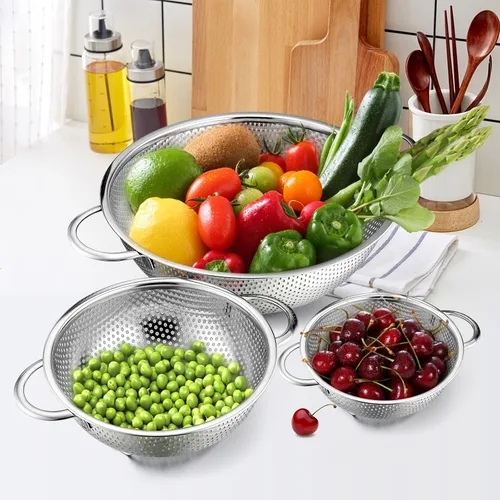 Vista 6 de E-far Juego de 3 coladores de acero inoxidable (1-3-5 cuartos de galón), colador de metal microperforado con mango para cocina/escurrimiento