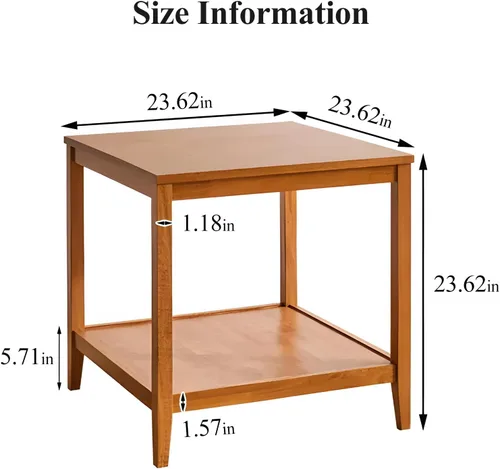 Vista 2 de Mesa auxiliar, mesa auxiliar cuadrada de madera maciza con estante de almacenamiento, mesa auxiliar de 2 niveles para sala de estar, mesa de sofá