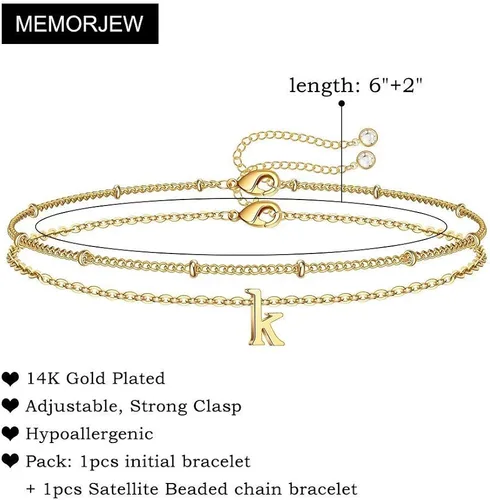 Vista 2 de Memorjew Pulseras con iniciales para mujer, chapados en oro de 14 quilates, pulseras con iniciales en capas para mujeres y niñas, regalos