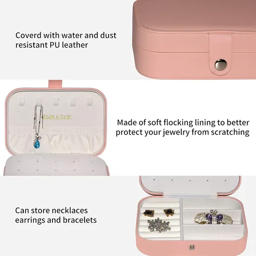 Vista 2 de Smileshe Joyero estuche de viaje portátil pequeño de piel sintética organizador de 2 capas caja de almacenamiento para anillos aretes collares