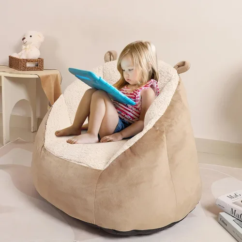 Vista 4 de MOMCAYWEX Cozee - Lindo puf suave para niños con orejas de oso esponjosas, silla mullida y perezosa para niñas y niños de hasta 10 años