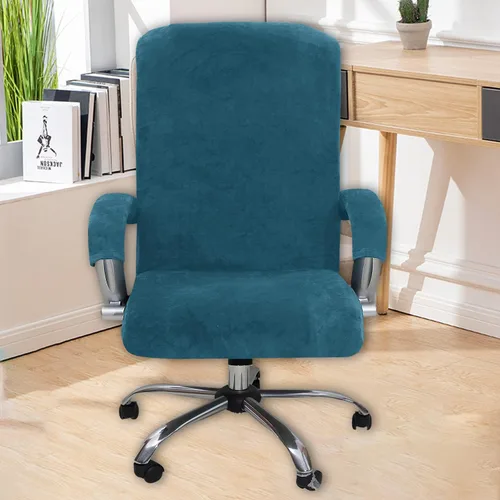 Vista 5 de NILUOH Funda de terciopelo para silla de oficina con fundas para brazos para sillas universales, jefes y juegos (L, azul pavo real)