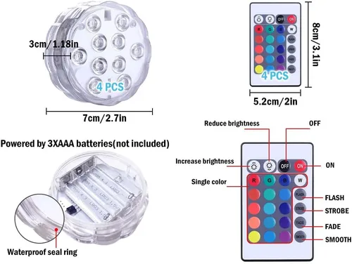 Vista 8 de Luces LED sumergibles, 4 unidades, impermeables, bajo el agua, control remoto, funcionan con pilas, inalámbricas, luces LED sumergibles multicolor