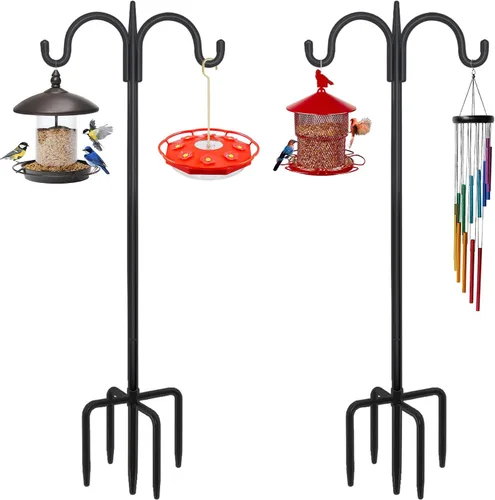 Vista 7 de FEED GARDEN Gancho de pastor doble ajustable para exteriores con base de 5 puntas de 63 pulgadas, poste resistente de comedero de pájaros de dos