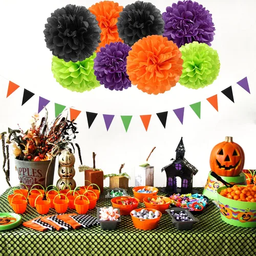 Vista 4 de Decoraciones de Fiesta de Halloween Negro-Morado Naranja Verde - 30 piezas Pompones de Papel Tissue, Serpentinas, Guirnalda de Borlas, Pancarta