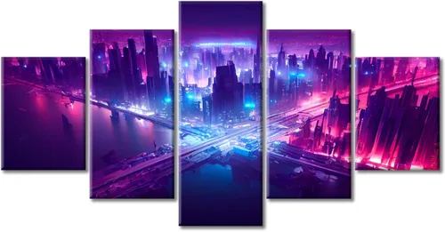 Vista 25 de Cuadros de 5 paneles de Cyberpunk City, arte de pared, representación de vallas publicitarias, edificios modernos en la capital con obras de arte