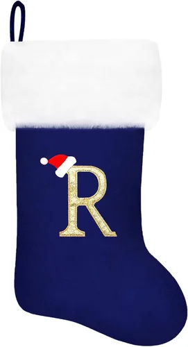 Vista 85 de Calcetines de Navidad bordados de 20 pulgadas con monograma, terciopelo negro con puño de felpa blanca supersuave, adornos clásicos para decoración
