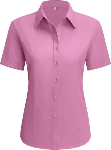 Vista 17 de siliteelon Camisas de vestir para mujer, de manga corta, de algodón, camisa con botones abajo, camisa básica con botones arriba, camisas con cuello