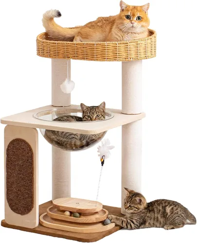 Vista 10 de Árbol de madera para gatos grandes, torre moderna para gatos con estantes anchos, postes rascadores de algodón, base súper resistente, perchas
