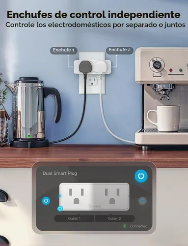 Vista 4 de Govee Paquete de 2 enchufes inteligentes duales, toma Bluetooth WiFi de 15 A, funciona con Alexa y Google Assistant, diseño compacto 2 en 1, control