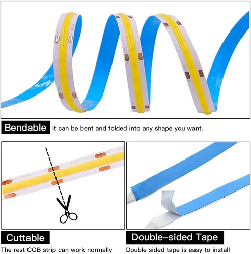 Vista 6 de Tira de luz LED COB flexible, 0.5m/1.6ft Bendable COB LED cuerda luces DC 5V 320 LEDs/m blanco cálido 3000K no impermeable USB cinta luces