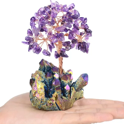 Vista 2 de Decoración de amatista natural, árbol de la vida, de cuarzo, arco iris, base de tatinio, cristales curativos, bonsái de Feng Shui, árbol de dinero
