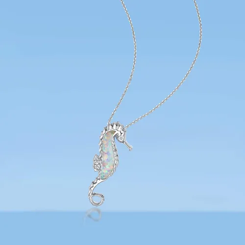 Vista 8 de .012 quilates diamante y Creado Opal Caballito de Mar Colgante en plata de ley 18