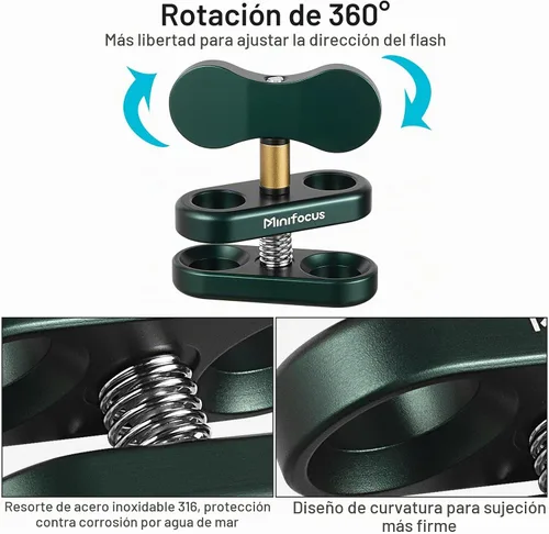 Vista 4 de MINIFOCUS Soporte de abrazadera de bola de aluminio de 1 pulgada, brazo de doble enchufe, soporte de adaptador de clip de resorte de 360° para 2