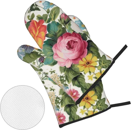Vista 9 de Juego de guantes de horno y soportes para ollas con estampado floral de jardín, resistentes al calor, antideslizantes, guantes de cocina, 4