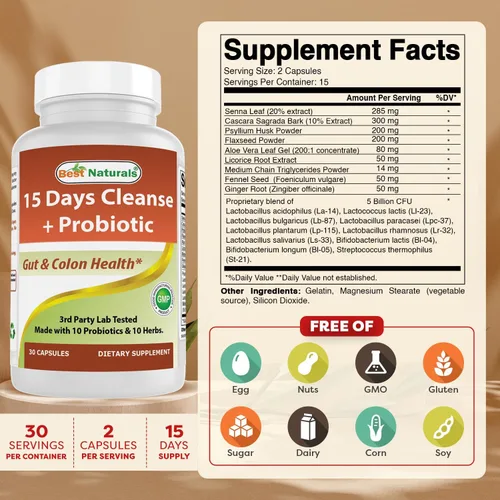 Vista 2 de Best Naturals Limpieza intestinal y colon durante 15 días + probióticos para mujeres y hombres con Senna, cáscara sagrada y cáscara de psyllium - 30