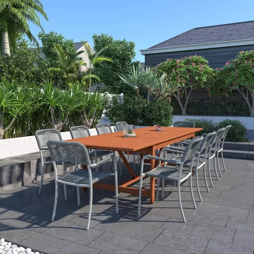 Vista 8 de Amazonia Mónaco - Juego de mesa de comedor rectangular de 9 piezas para exteriores, madera de eucalipto, ideal para patio e interior, acabado