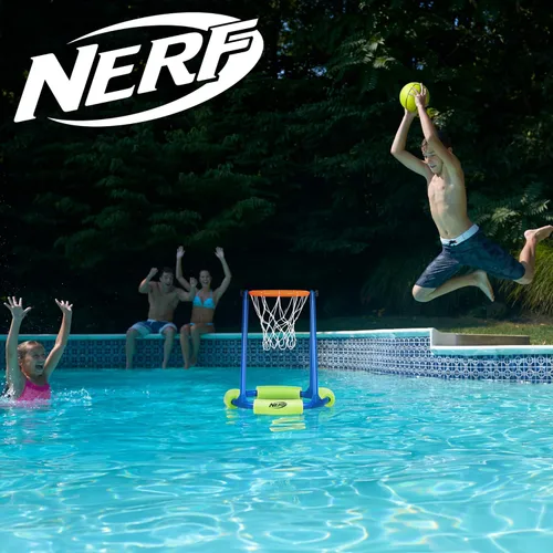 Vista 8 de NERF - Juego de aro de baloncesto flotante para piscina + red de fútbol – Baloncesto acuático + (2) pelotas de fútbol acuáticas incluidas – Aro