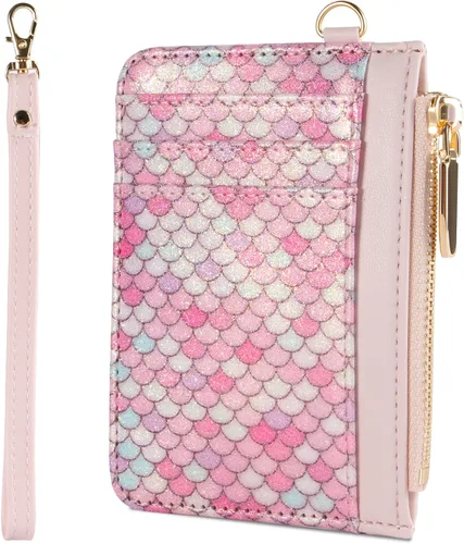 Vista 11 de Cartera pequeña de cuero con protección RFID de sirena para tarjetas de crédito, cartera delgada con correa para la muñeca con bolsillo