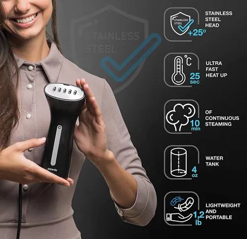 Vista 2 de Polardo Vaporizador de ropa de viaje, vaporizador portátil compacto de mano con tecnología antiderrames de 360°, removedor de arrugas profesional
